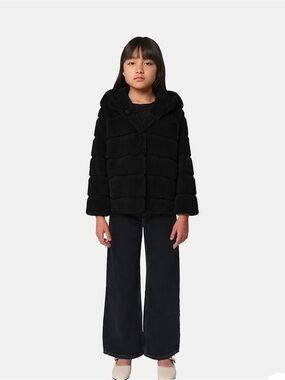Apparis Goldy Kids Faux Fur Tiered Hooded Coat Black 10Y Excellent